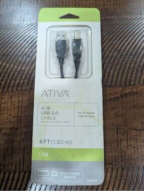 NEW Ativa 828-620 Black 1.83m High-Speed Cord 6ft USB 2.0 A to B Printer Cable